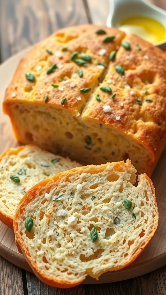 A freshly baked gluten-free focaccia bread topped with herbs and sea salt, served with olive oil.